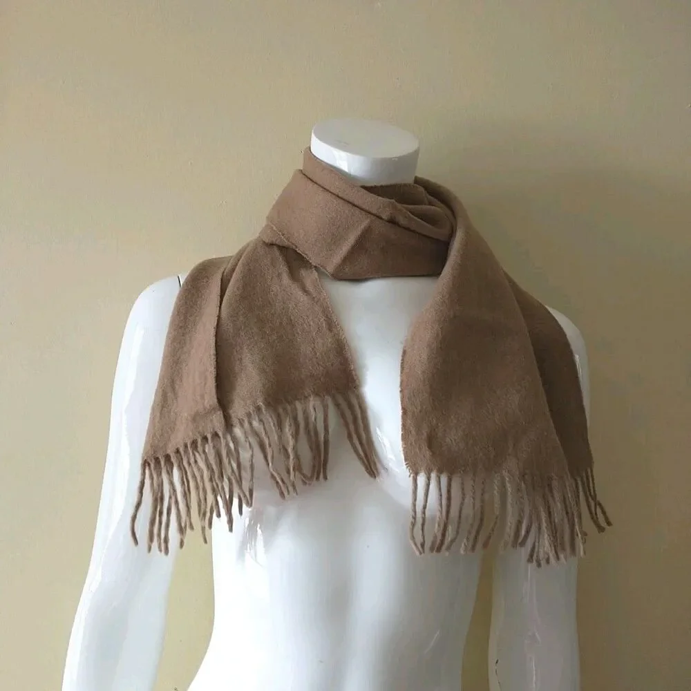 Vtg Scarf Unisex Brown 100% Camel Hair Fringes Luxury Rectangle 10x48